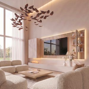 Mueble de salón con chimenea de vapor con efecto de tiro de chimenea en piedra de Luca Atelier