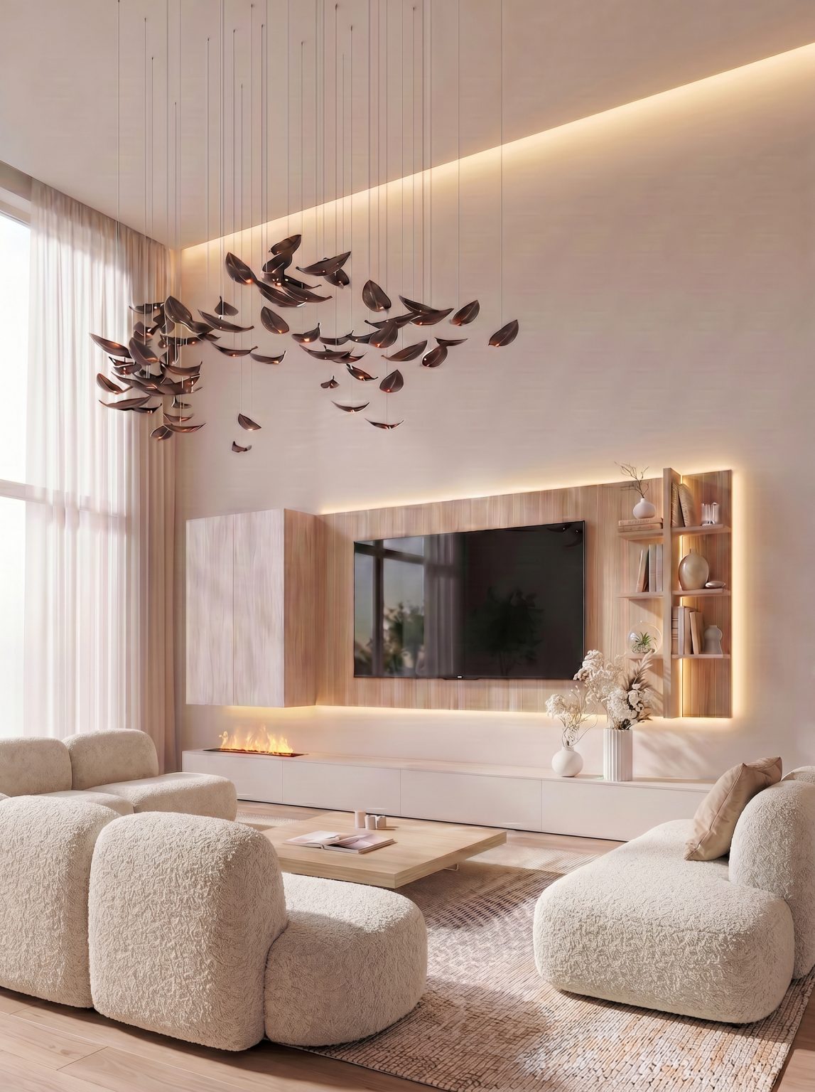 Mueble de salón con chimenea de vapor con efecto de tiro de chimenea en piedra de Luca Atelier