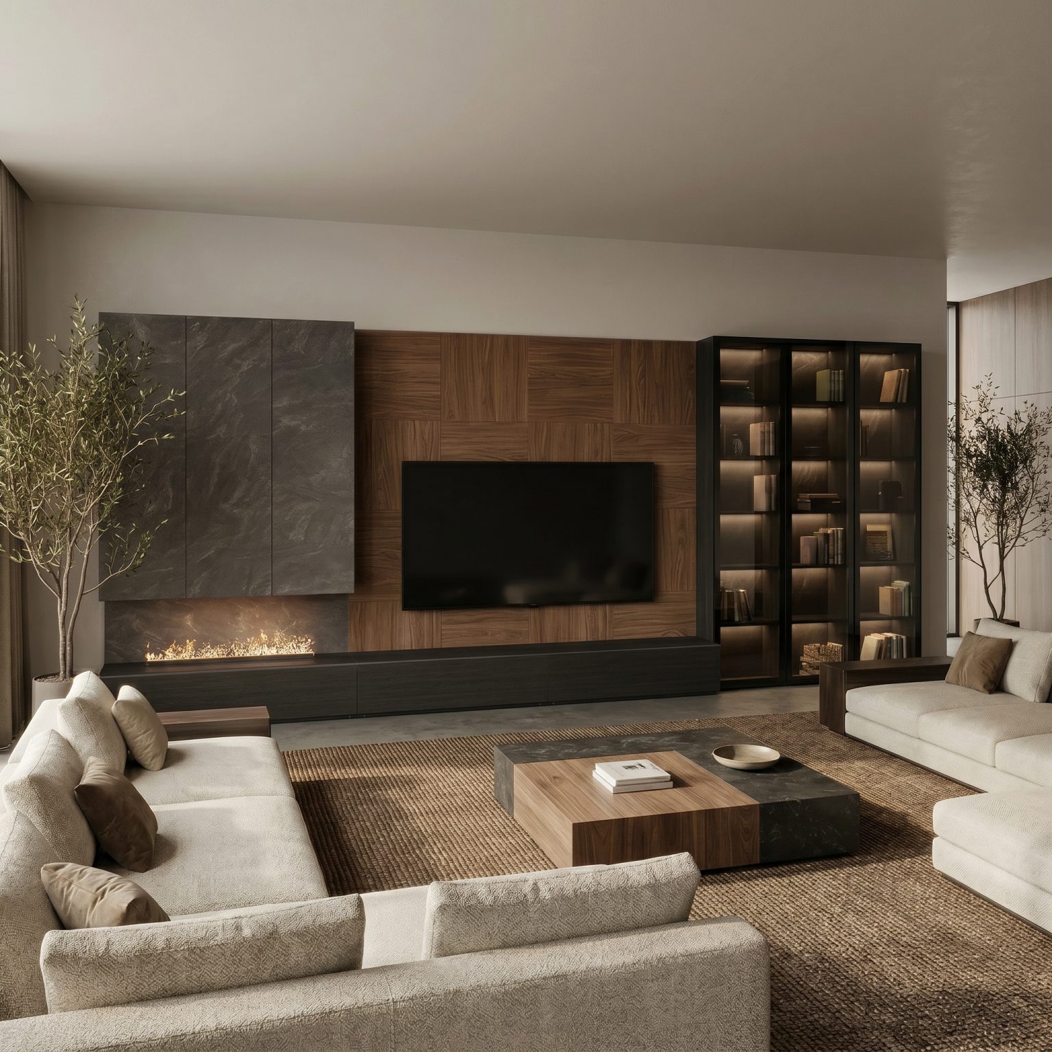 Mueble de salón con chimenea de vapor en nogal de Luca Atelier