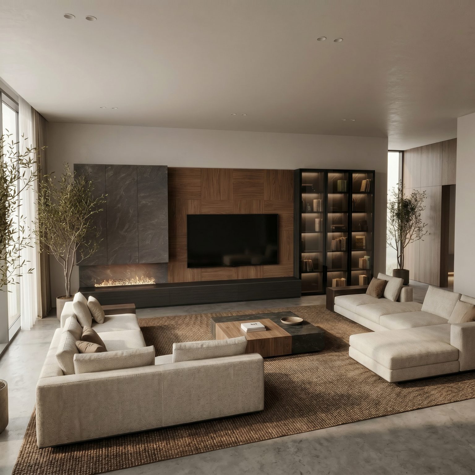 Mueble de salón con chimenea de vapor en nogal de Luca Atelier