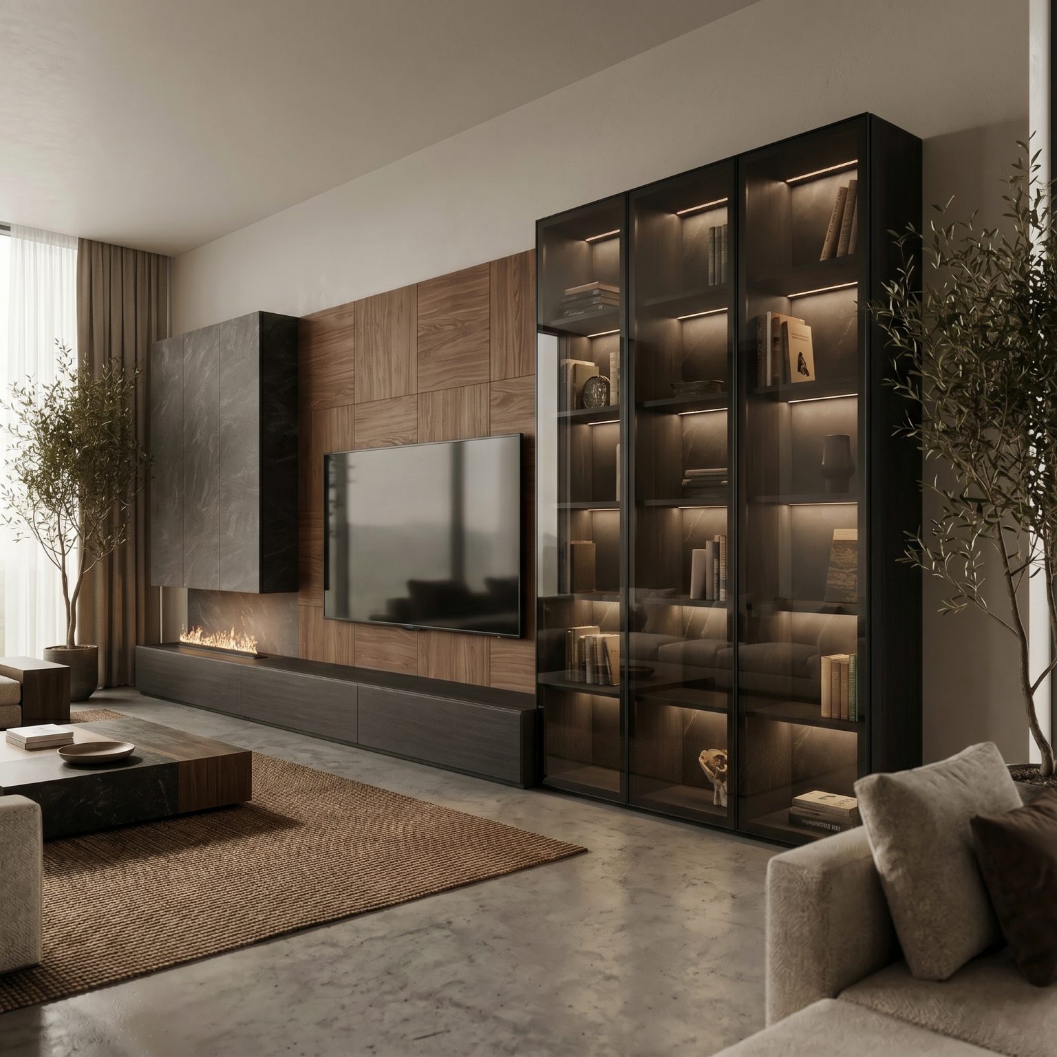 Mueble de salón con chimenea de vapor en nogal de Luca Atelier