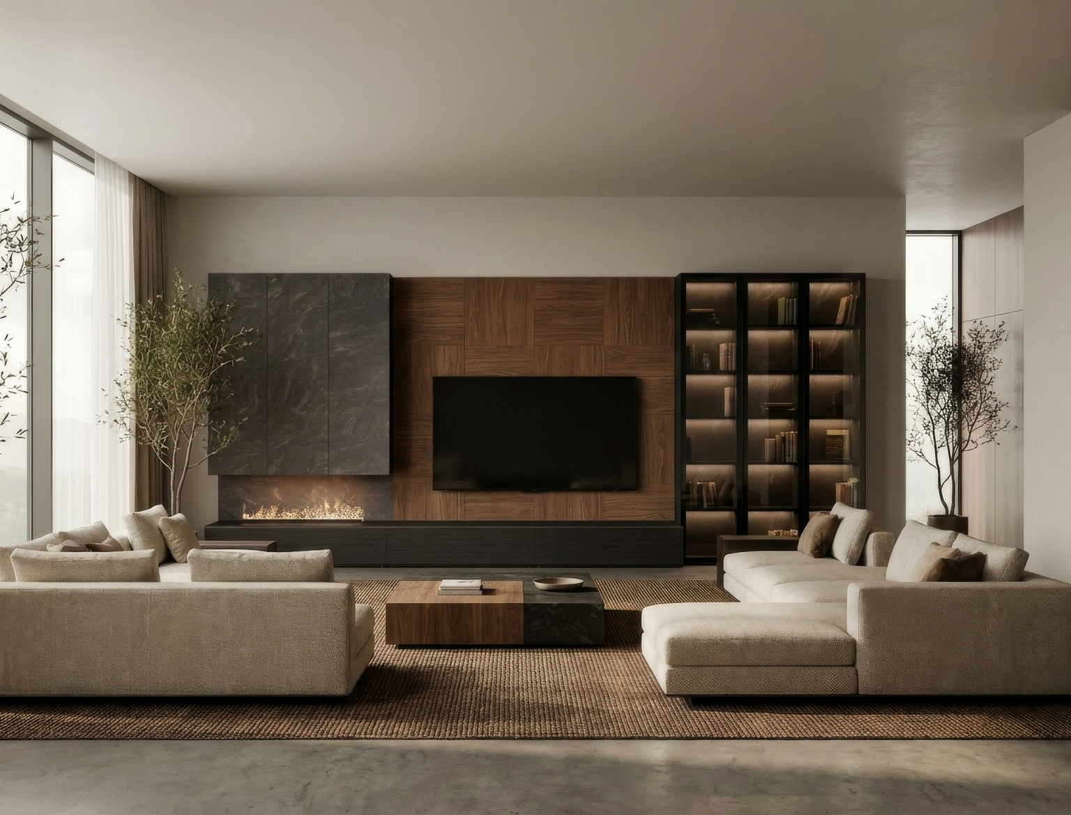 Mueble de salón con chimenea de vapor en nogal de Luca Atelier