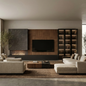Mueble de salón con chimenea de vapor y libreria iluminada en nogal de Luca Atelier
