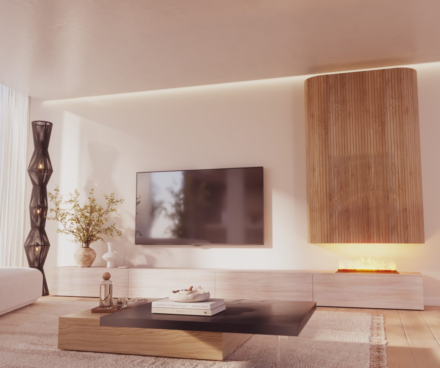 Mueble de televisión con chimenea de vapor en roble y efecto piedra