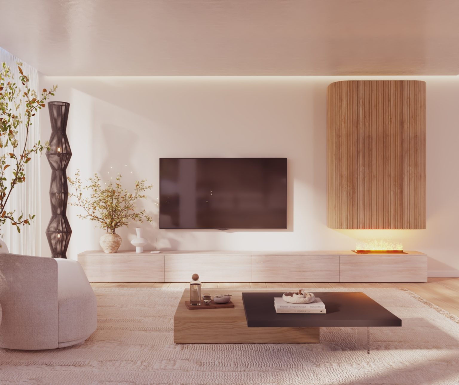 Mueble de televisión con chimenea de vapor en roble y efecto piedra