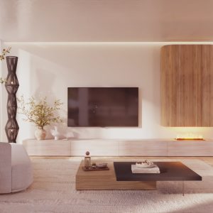 Mueble de televisión con chimenea de vapor en roble y efecto piedra