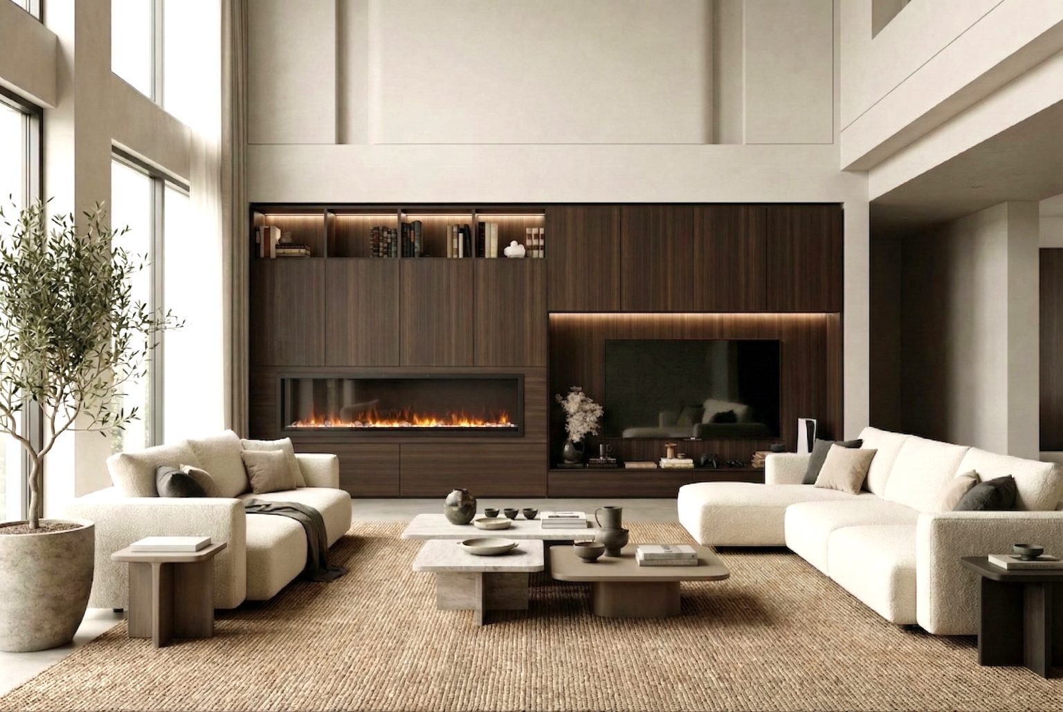 Mueble de salón con chimenea en Eucalipto de luca atelier