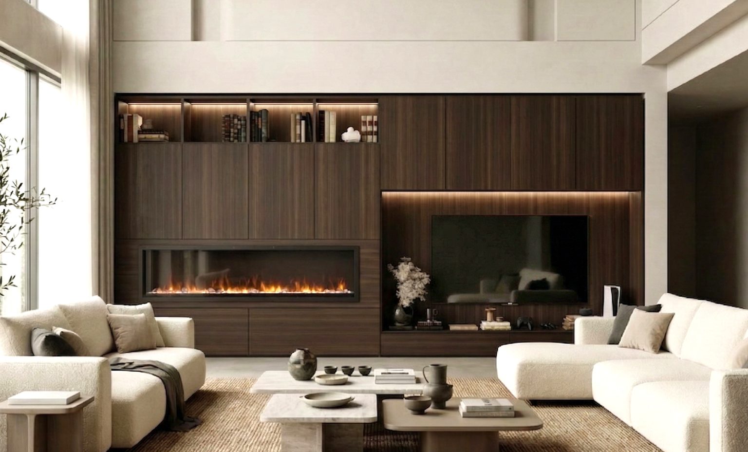 Mueble de salón con chimenea en Eucalipto de luca atelier