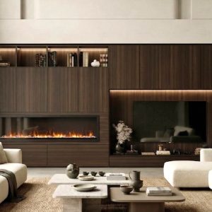 Mueble de salón con chimenea y huecos iluminados en Eucalipto de luca atelier