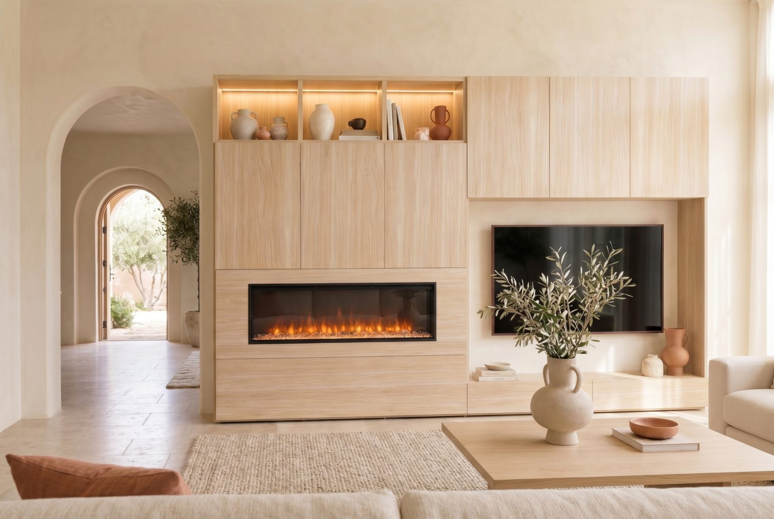 Mueble de salón con chimenea y huecos iluminados, acabados en Fresno y coco de Luca Atelier