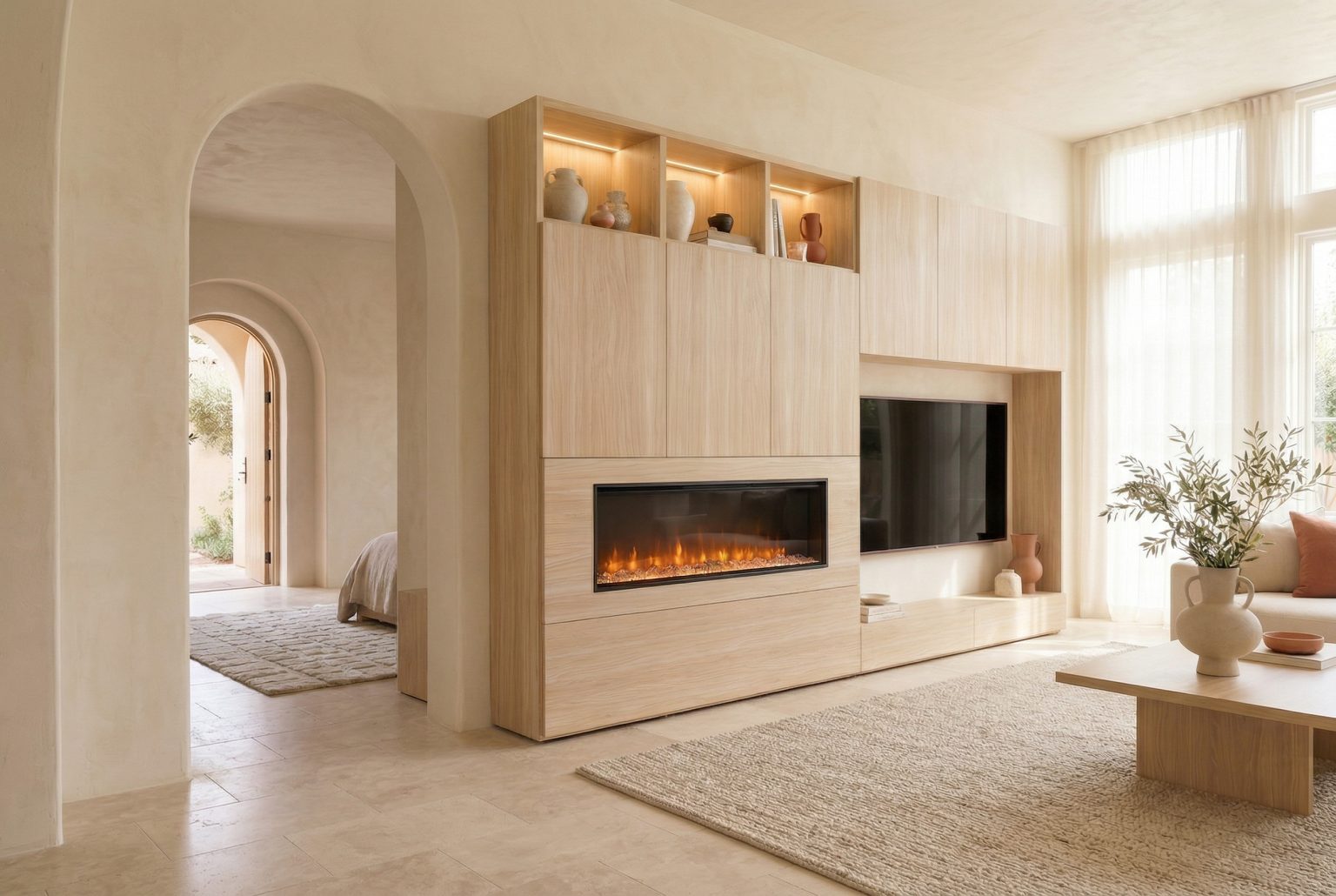 Mueble de salón con chimenea y huecos iluminados, acabados en Fresno y coco de Luca Atelier