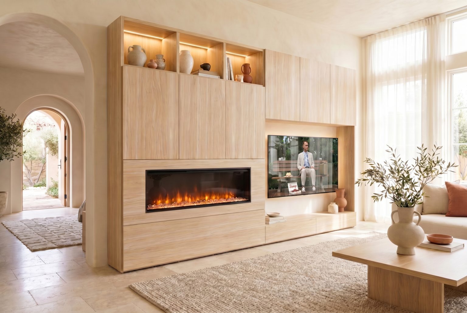 Mueble de salón con chimenea y huecos iluminados, acabados en Fresno y coco de Luca Atelier