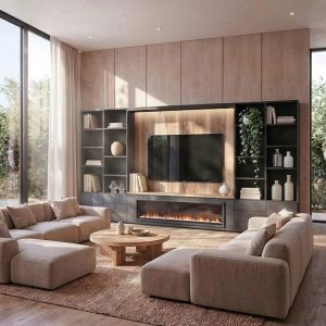 Mueble de salón con panel iluminado y chimenea en Grafito, madera negra y fresno.