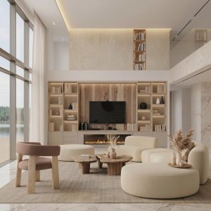 Mueble de salón con chimenea en color crema y madera de fresno