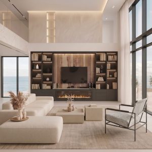 Mueble de salon con chimenea en grafito y y negro poro a medida de Luca Atelier