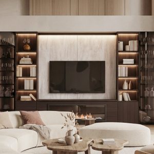Mueble de salón con vitrina y chimenea en Eucalipto y Tazacorte de luca atelier
