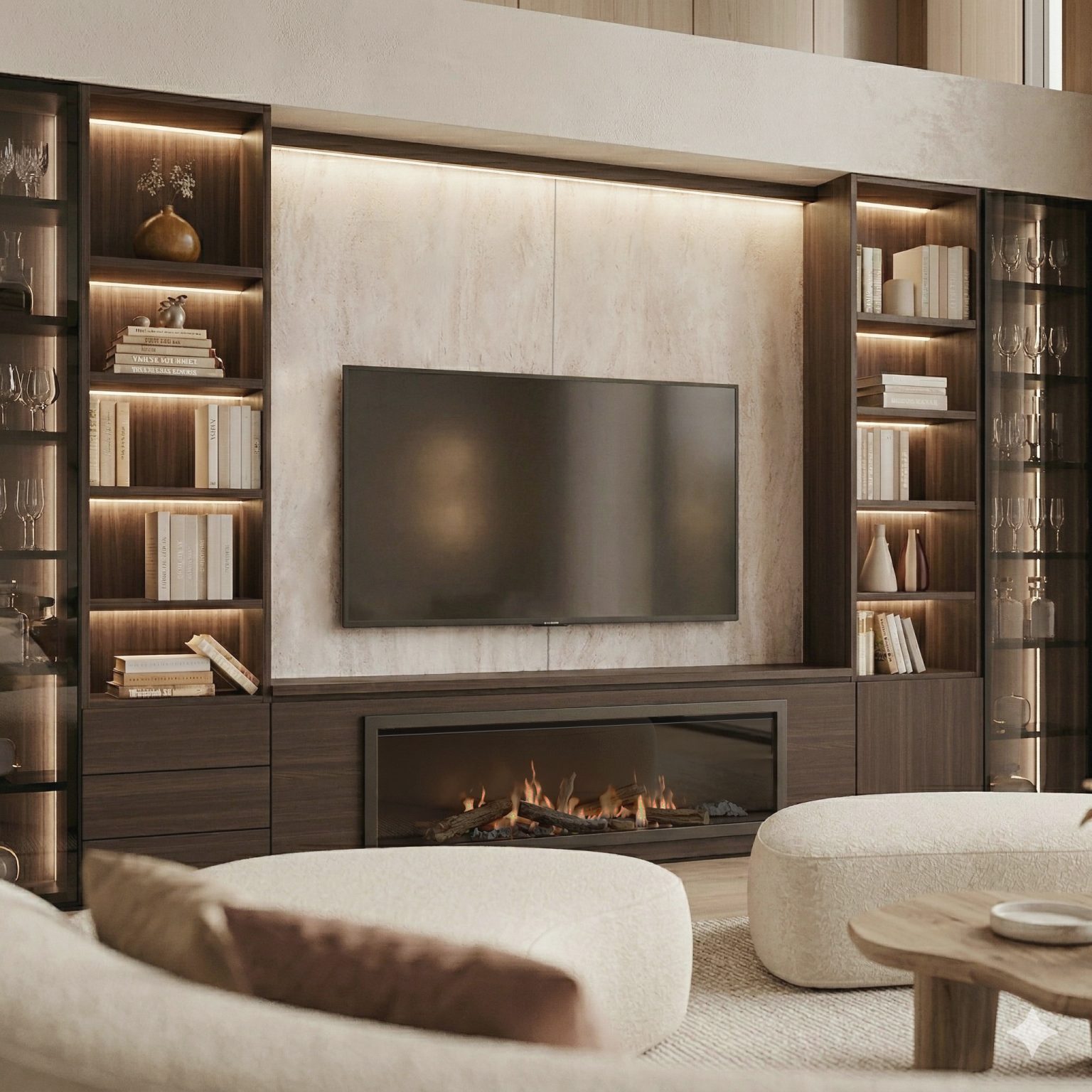 Mueble de salón con vitrina y chimenea en Eucalipto y Tazacorte de luca atelier