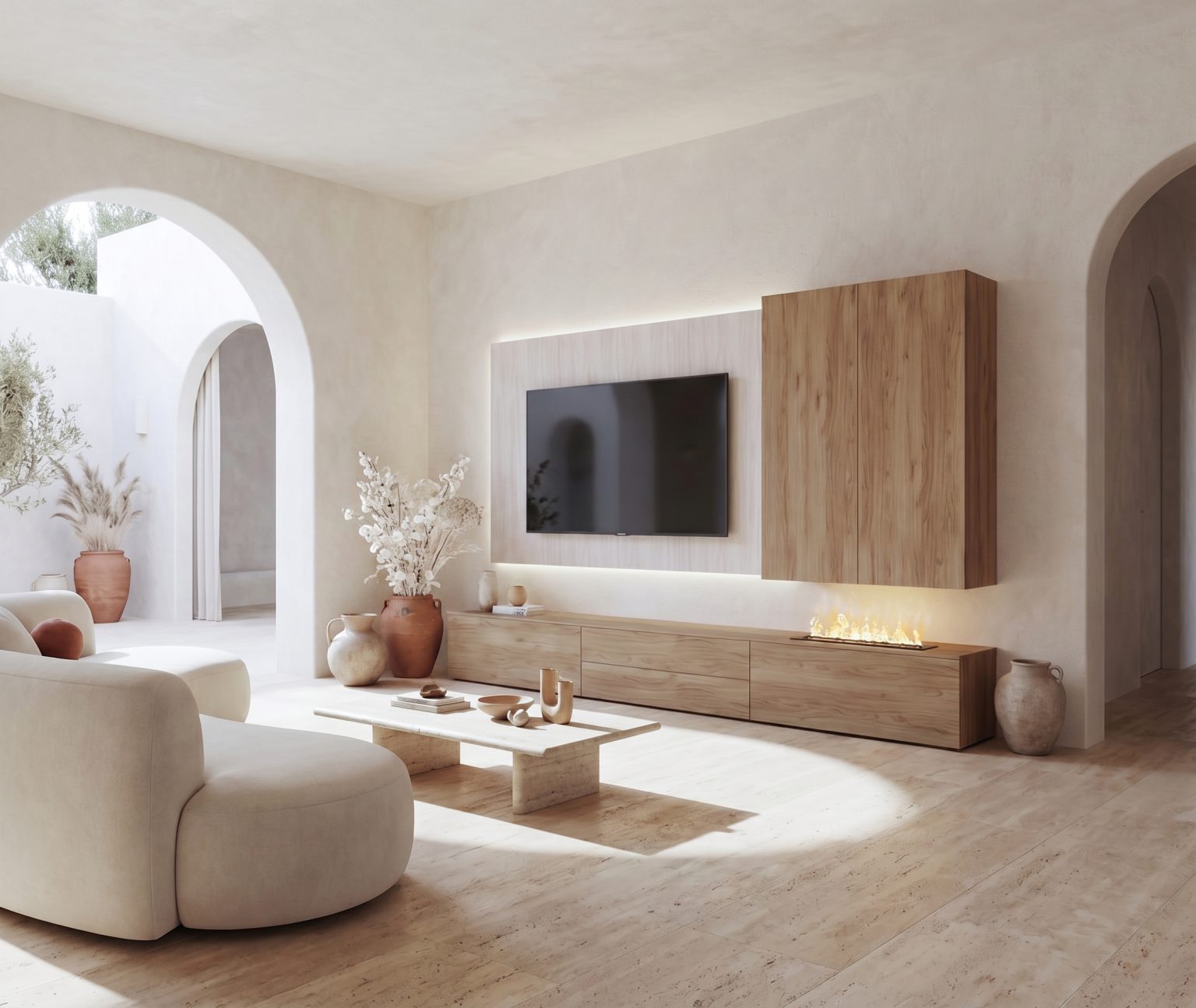 Mueble de salón librería con chimenea de vapor en Roble de Guadarrama de Luca Atelier