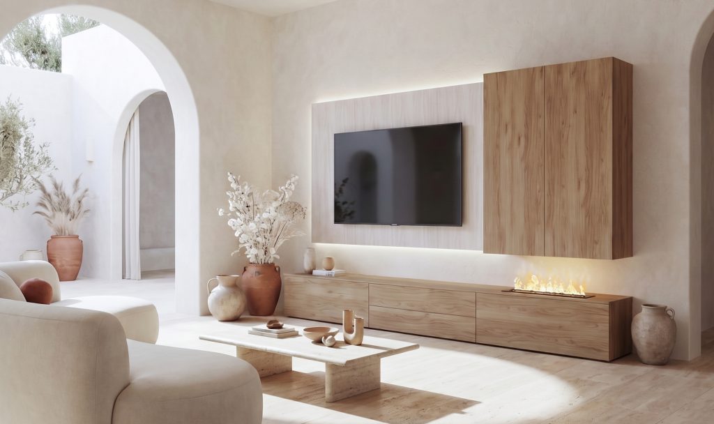 Mueble de salón librería con chimenea de vapor con panel del televisor iluminado en Roble de Guadarrama de Luca Atelier