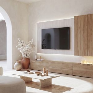 Mueble de salón librería con chimenea de vapor con panel del televisor iluminado en Roble de Guadarrama de Luca Atelier