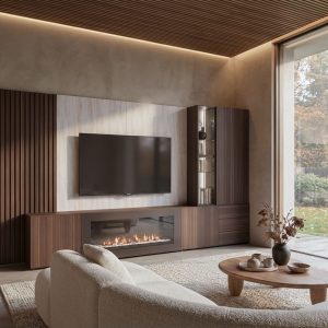 Mueble de salón librería con chimenea en Eucalipto y Tazacorte de Luca Atelier