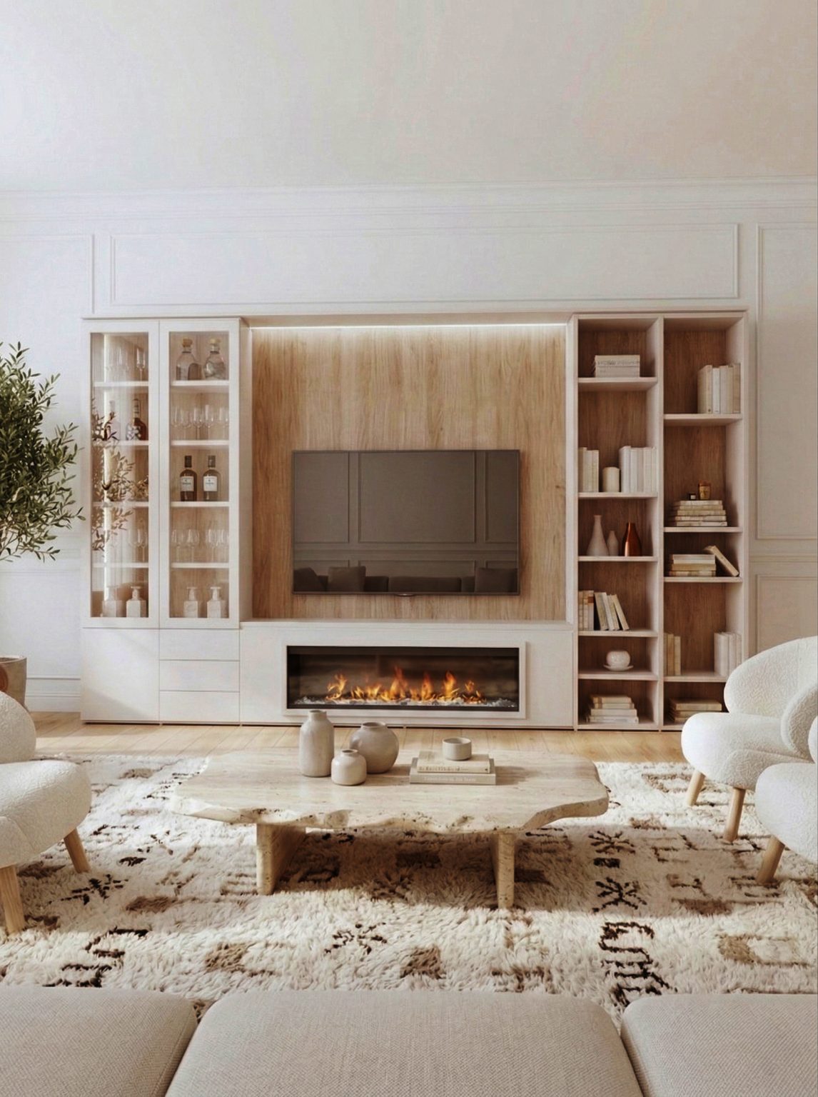 Mueble de salón librería con chimenea en Blanco y Roble de Luca Atelier