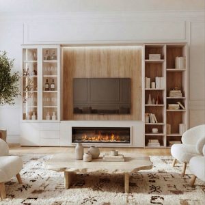 Mueble de salón librería con chimenea en Blanco y Roble Luca Atelier