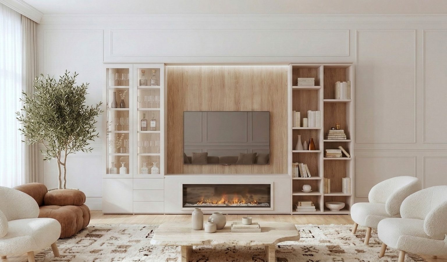 Mueble de salón librería con chimenea en Blanco y Roble Luca Atelier