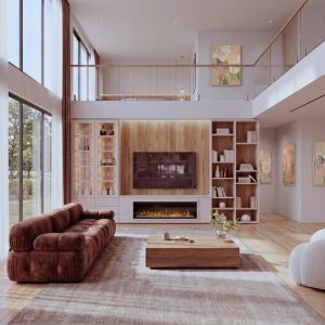 Mueble de salón librería con chimenea en Blanco y Roble