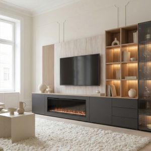 Mueble de salón librería con chimenea, vitrina iluminada en Roble de Guadarrama de luca atelier