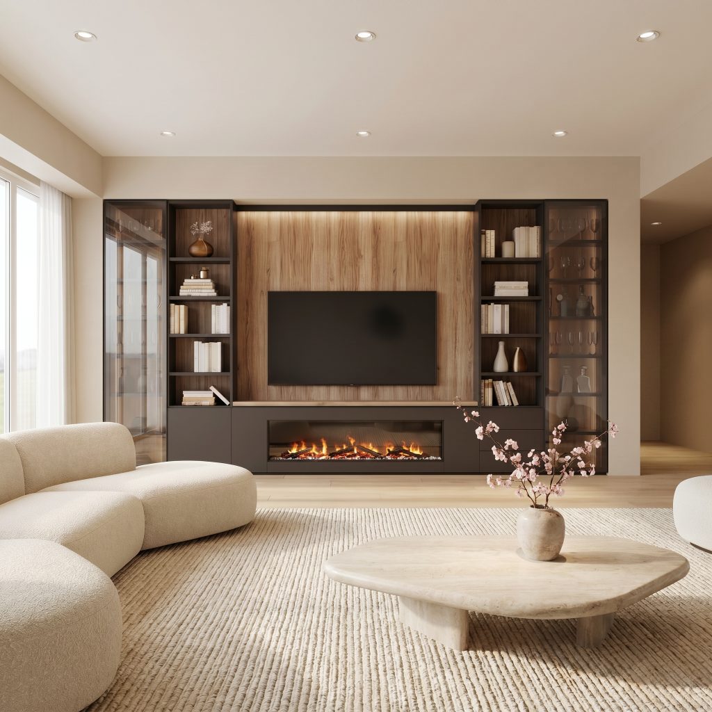 Mueble de salón librería con chimenea y una vitrina a ambos lados, en madera negra y Roble de Luca Atelier