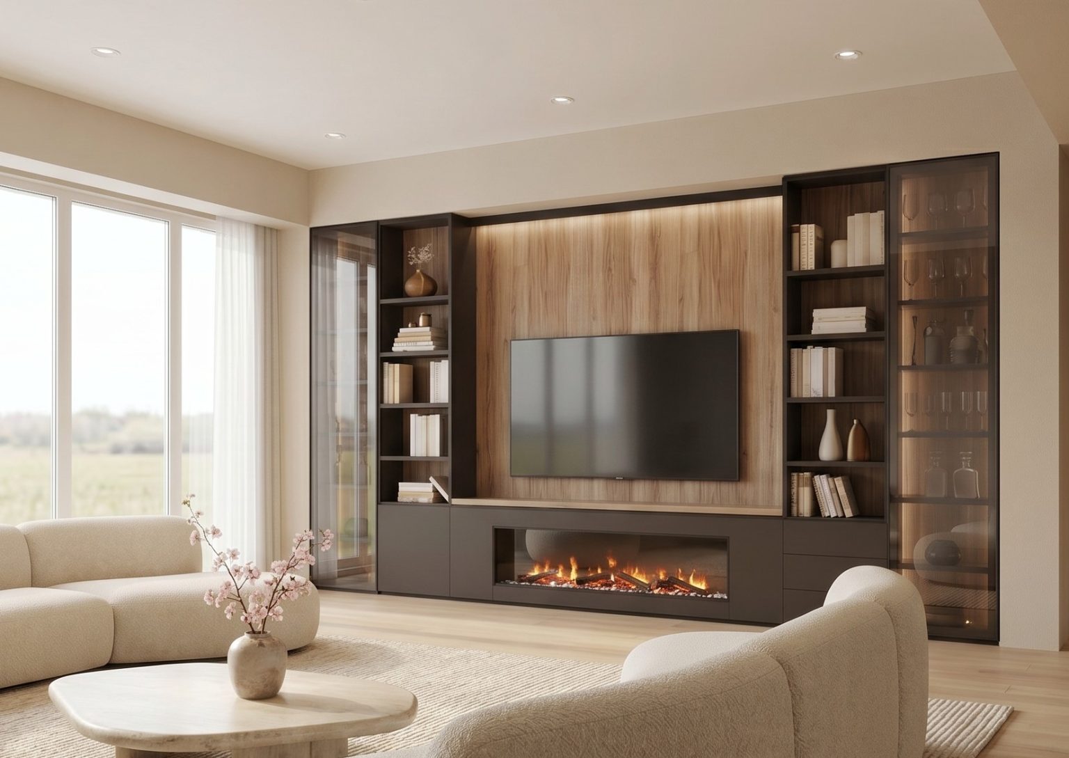 Mueble de salón librería con chimenea en madera negra y Roble de Luca Atelier