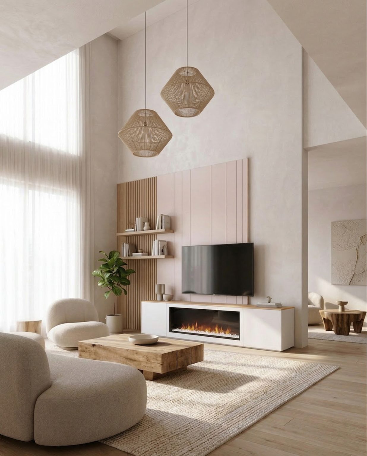 Mueble de televisión con chimenea en Blanco y Fresno Olivato de luca atelier