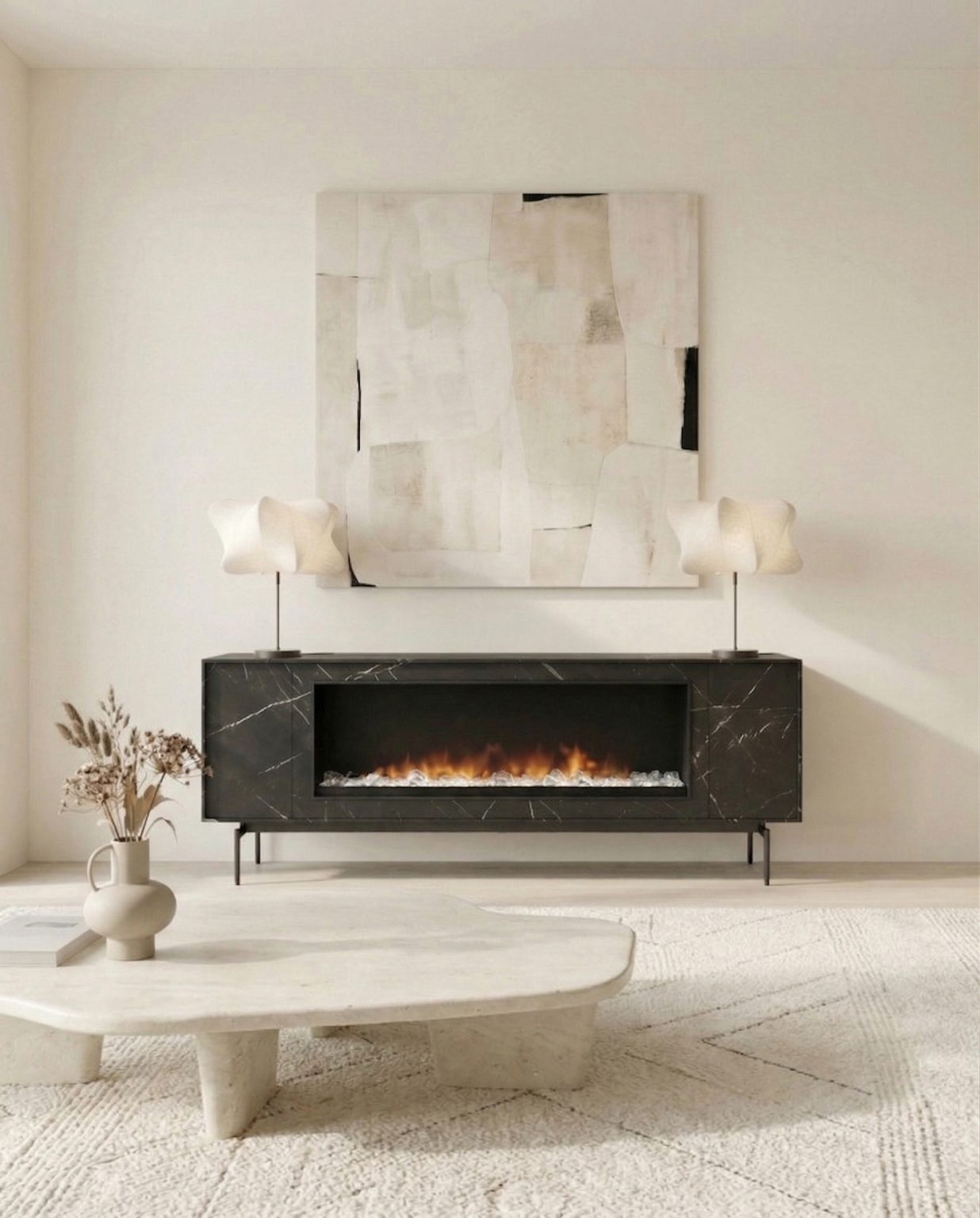 Mueble de televisión con chimenea en efecto piedra marquina de luca atelier