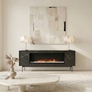 Mueble de televisión con chimenea en efecto piedra marquina de luca atelier