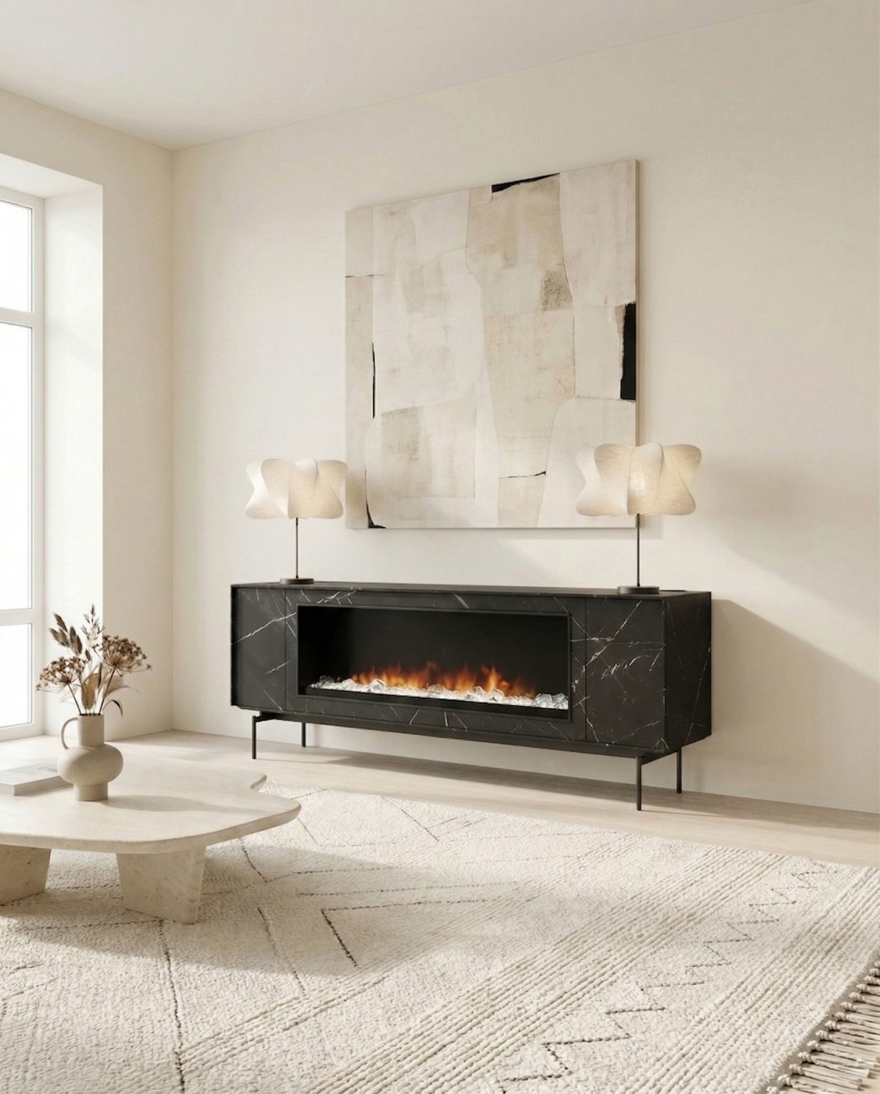 Mueble de televisión con chimenea en efecto piedra marquina de luca atelier