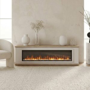 Mueble de televisión con chimenea lacado en blanco de luca atelier