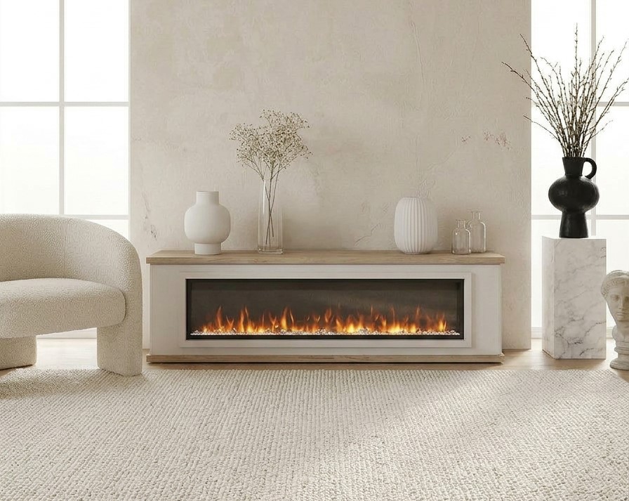 Mueble de televisión con chimenea lacado en blanco de luca atelier