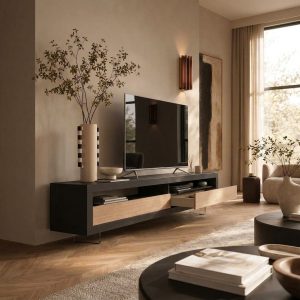 Mueble de televisión de Madera Natural en Negro y Roble
