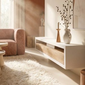 Mueble de tv suspendido en blanco y roble nudoso de Luca Atelier
