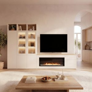 Mueble de televisión laminado coco con chimenea y vitrina iluminada de luca atelier
