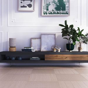 Mueble de televisión de Madera Natural en Negro y Roble Vintage