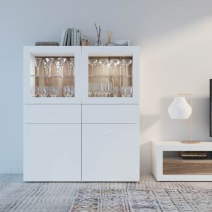 Vitrina lacada en Blanco iluminada y fondo en Fresno