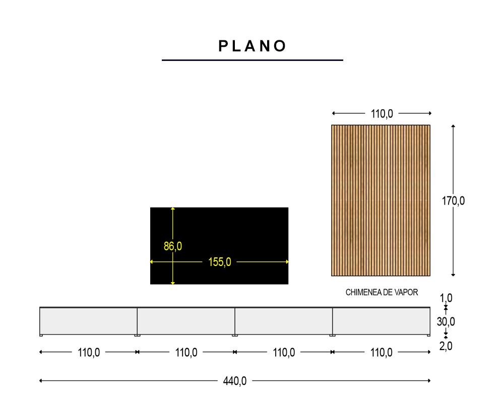 Mueble de televisión con chimenea de vapor en roble y efecto piedra