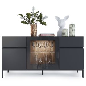 Aparador con vitrina iluminada en color Grafito y Fresno Olivato