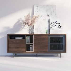 Librería con vitrina Blocks en Madera de Nogal, Lacado Grafito y Tierra