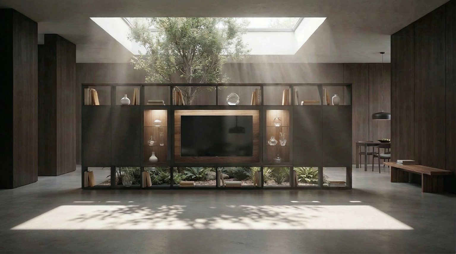 Mueble de salón con Librería y vitrina en Grafito y fondo Fresno de luca atelier