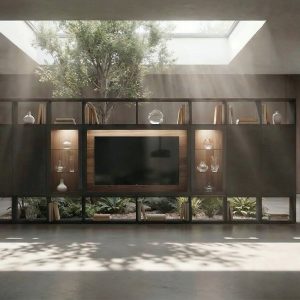 Mueble de salón con Librería y vitrina en Grafito y fondo Fresno de luca atelier