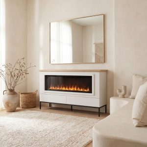 Mueble con chimenea, en acabado blanco, elevado con una estructura de patas metálicas de luca atelier