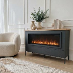 Mueble con chimenea lacado en grafito, elevada en una estructura de patas metalicas de luca atelier
